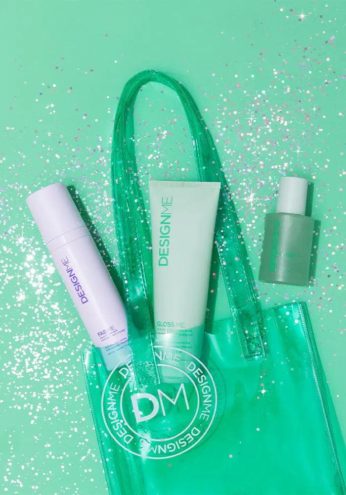 GLOSS.ME Hydration Glow & Go Kit products displayed with a green tote bag on a glittery background.
