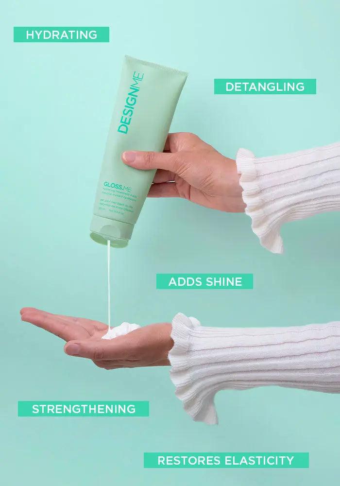 Hand holding GLOSS.ME hydrating treatment, showcasing benefits: hydrating, detangling, adds shine, strengthens, restores elasticity.