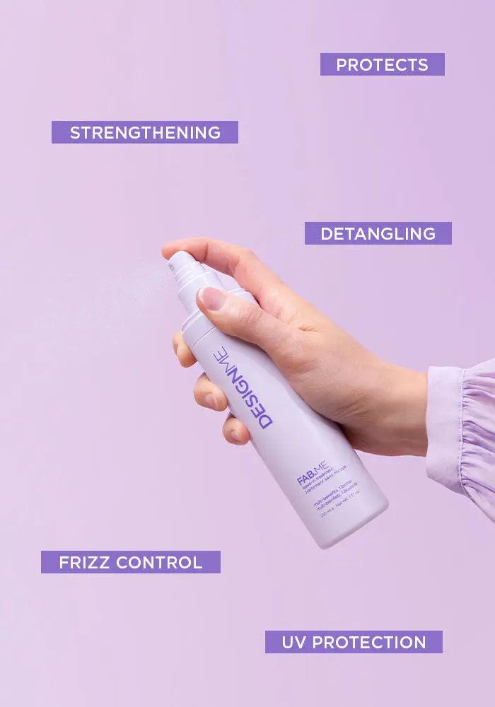 Hand holding FAB.ME leave-in treatment spray with benefits highlighted: frizz control, detangling, UV protection, strengthening, and more.