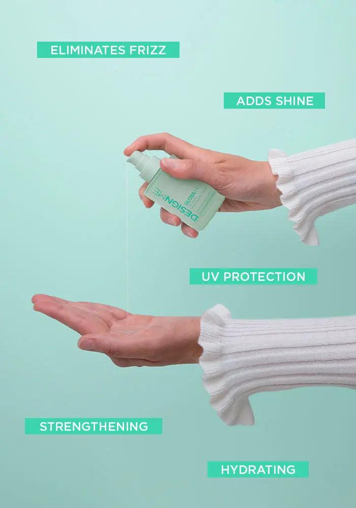 Hand holding GLOSS.ME hair serum, highlighting benefits: eliminates frizz, adds shine, UV protection, strengthening, and hydrating.