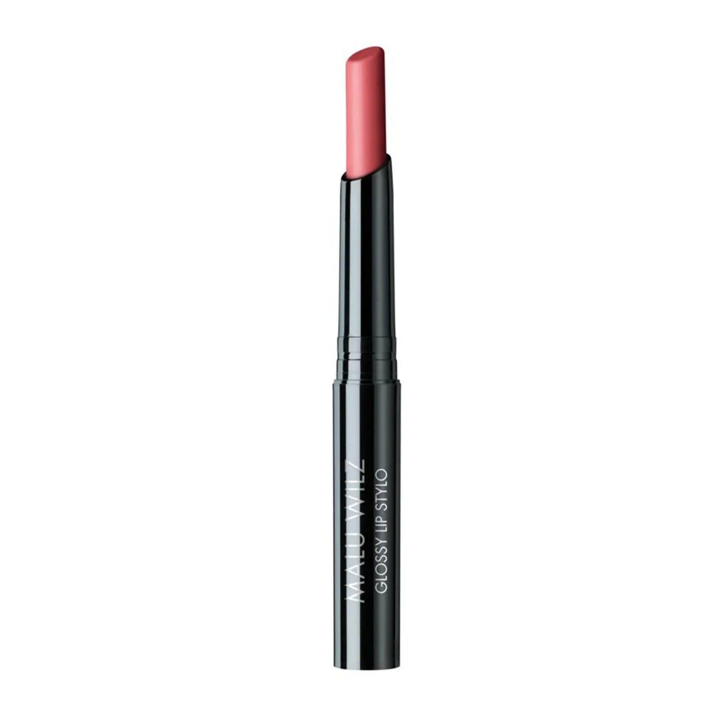 Malu Wilz Glossy Lip Stylo showcasing a vibrant pink shade in a sleek black tube for high-shine and hydration.