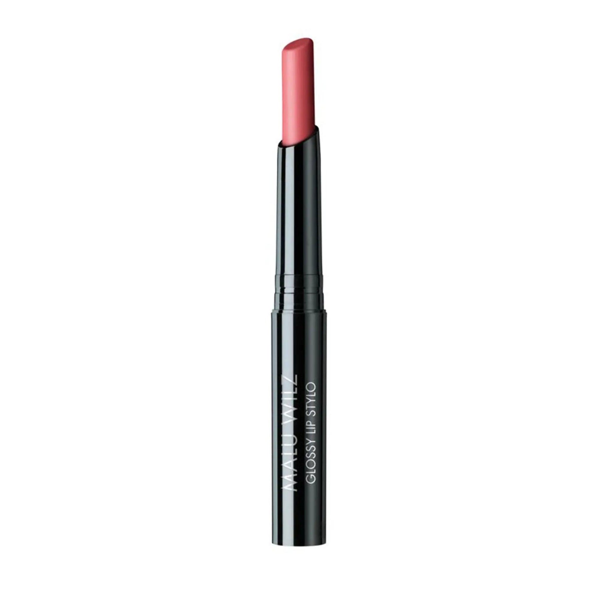 Malu Wilz Glossy Lip Stylo showcasing a vibrant pink shade in a sleek black tube for high-shine and hydration.