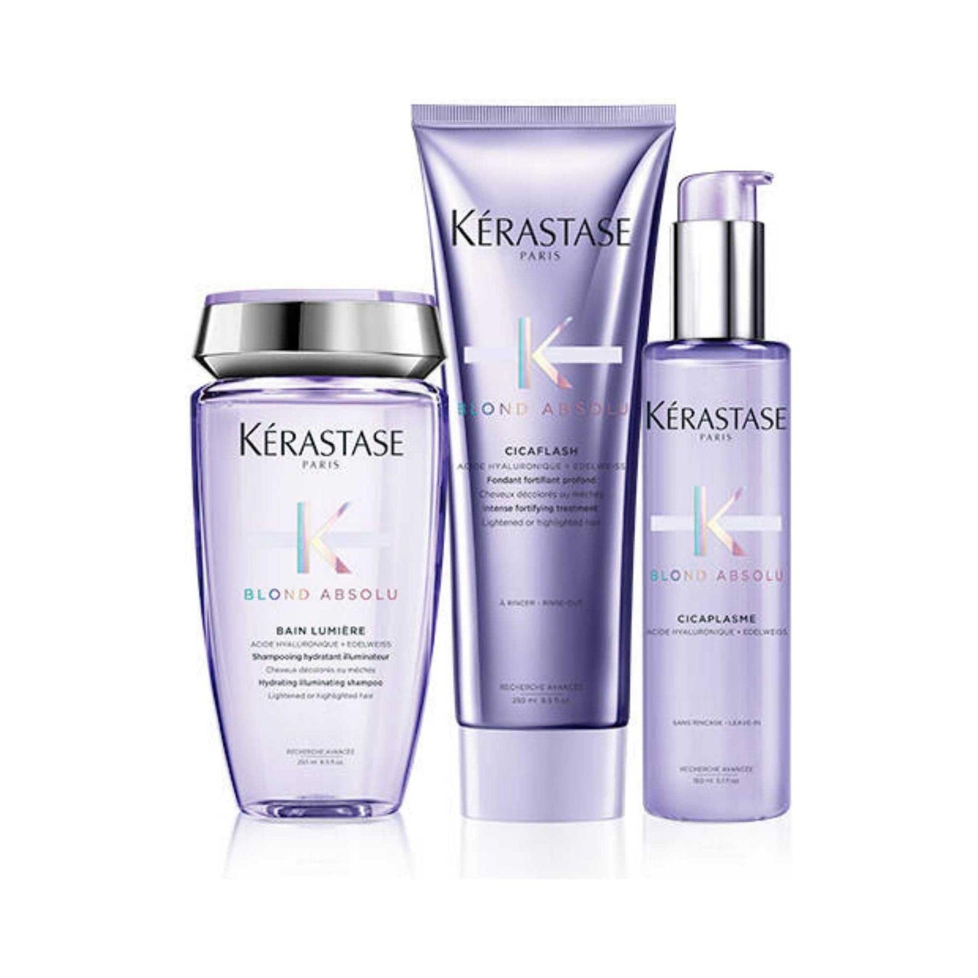 Kérastase Blond Absolu hair care products for blonde hair, including shampoo, conditioner, and serum in sleek purple packaging.