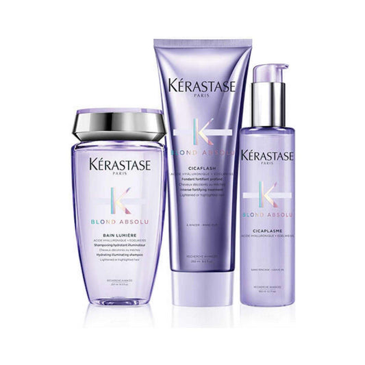 Kérastase Blond Absolu hair care products for blonde hair, including shampoo, conditioner, and serum in sleek purple packaging.