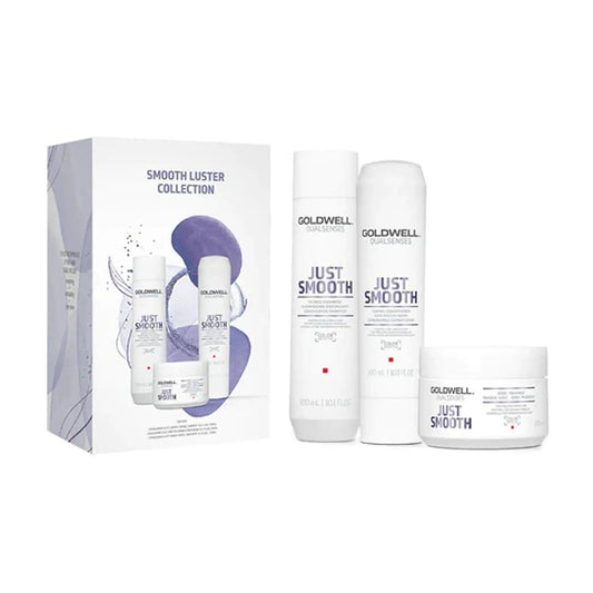 Goldwell Dualsenses Just Smooth Holiday Trio for unruly frizzy hair with shampoo, conditioner, and treatment.