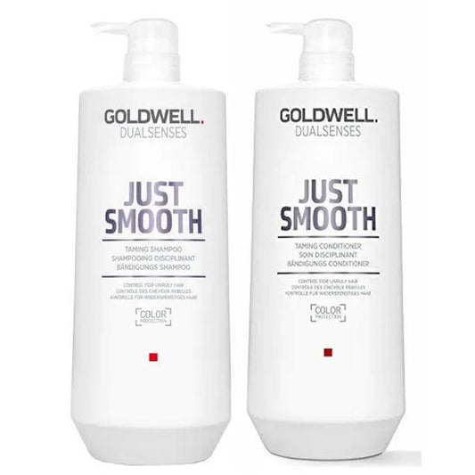 Goldwell Just Smooth Liter Duo shampoo and conditioner bottles for frizz control and color preservation.