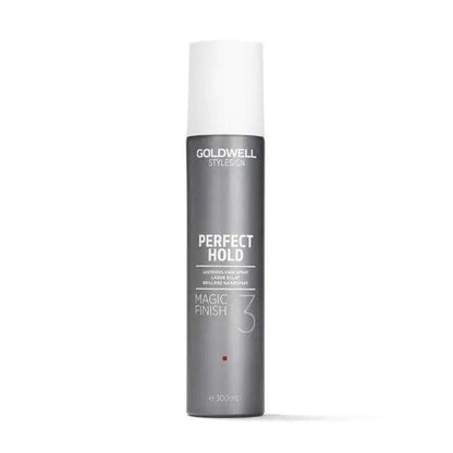 Goldwell Perfect Hold Magic Finish Hairspray in a sleek gray canister, provides light to medium hold without stiffness.