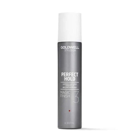 Goldwell Perfect Hold Magic Finish Hairspray in a sleek gray canister, provides light to medium hold without stiffness.