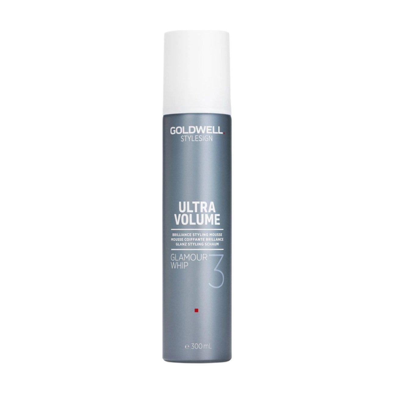 Goldwell StyleSign Ultra Volume Glamour Whip Brilliance Styling Mousse in a sleek gray canister for enhanced hair volume and shine.