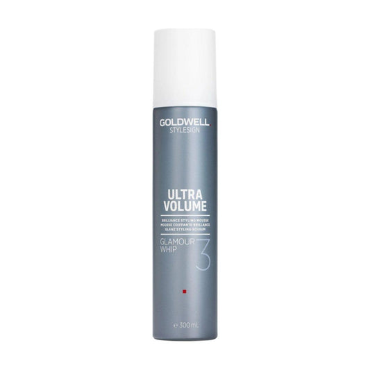 Goldwell StyleSign Ultra Volume Glamour Whip Brilliance Styling Mousse in a sleek gray canister for enhanced hair volume and shine.