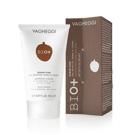 Bio+ Face Scrub by Vagheggi in a tube and box, featuring nourishing exfoliating powders for radiant skin.