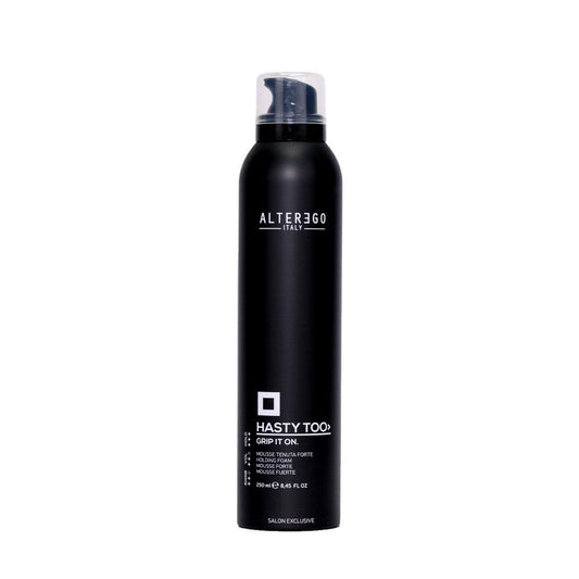 AlterEgo Grip It On Mousse bottle for restoring curls and adding volume to fine hair during styling.
