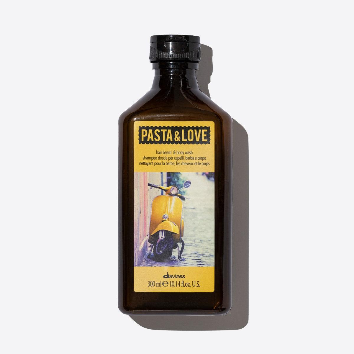 Davines Pasta & Love Hair Beard & Body Wash bottle, 300 ml, featuring vibrant label and classic vespa image.
