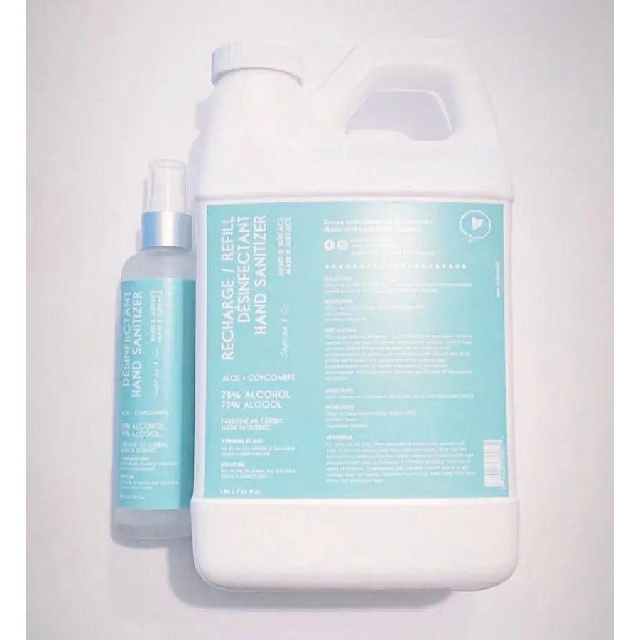 Hand sanitizer spray and refill bottle, aloe and cucumber scent, 3.38 fl oz and large container, health approved.