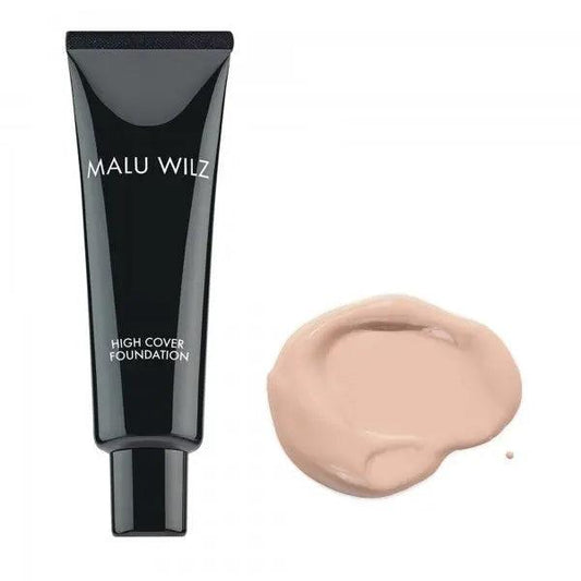 Malu Wilz High Coverage Foundation (30ml) tube next to a swatch of foundation on a white background.