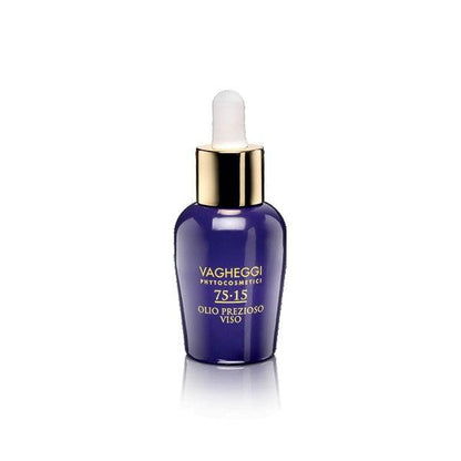 Vagheggi 75-15 Precious Oil Face in a sleek blue bottle, designed for youthful and revitalized skin.