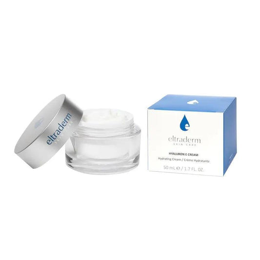 Eltaderm Hyaluron E Cream jar and box showcasing hydrating formula with antioxidants and moisturizing ingredients.