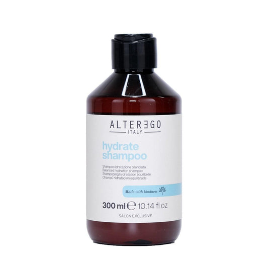 Hydrate Shampoo bottle 300ml by Alterego Italy, silicone-free formula enriched with Aloe Vera for vital hair hydration.