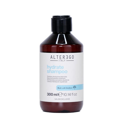 Hydrate Shampoo bottle 300ml by Alterego Italy, silicone-free formula enriched with Aloe Vera for vital hair hydration.