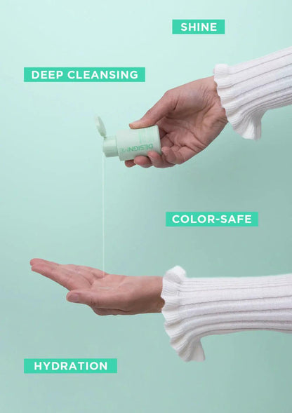 Woman's hand pouring hydrating shampoo with text highlights for shine, deep cleansing, color-safe, and hydration.