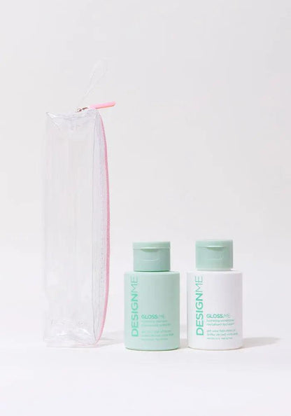 Travel-size GLOSS.ME hydrating shampoo and conditioner in a clear pouch, perfect for festive gifting and hair care routines.