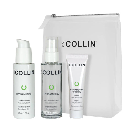 G.M. Collin Hydramucine skincare set with cleansing milk, hydrating mist, and moisturizing cream for dehydrated skin in a clear pouch