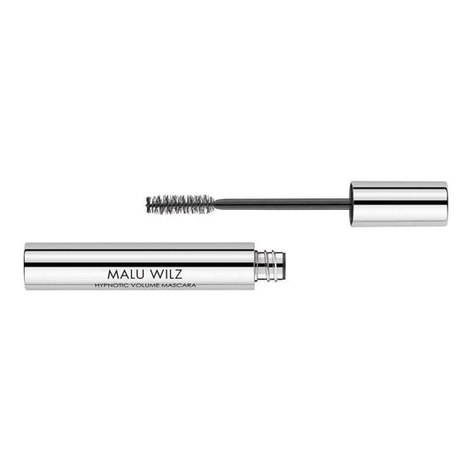 Malu Wilz Hypnotic Volume Noir Mascara tube and brush on a white background, showcasing bold black formula for dramatic eyes.