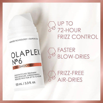 OLAPLEX No.6 Bond Smoother 100ml, offering up to 72-hour frizz control and faster blow-dries for smooth, manageable hair.