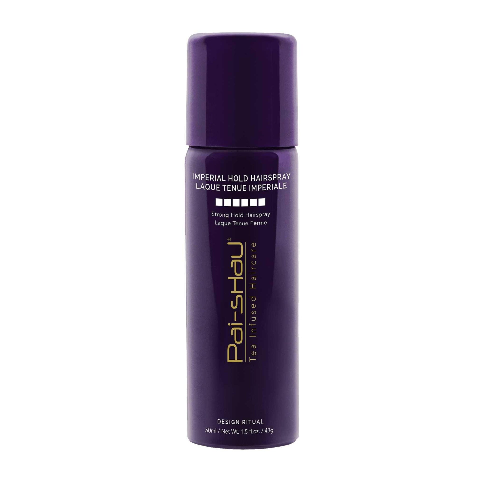 Imperial Hold Hairspray by Pai-Shau in a sleek purple bottle for strong hold and shine in structured hairstyles.