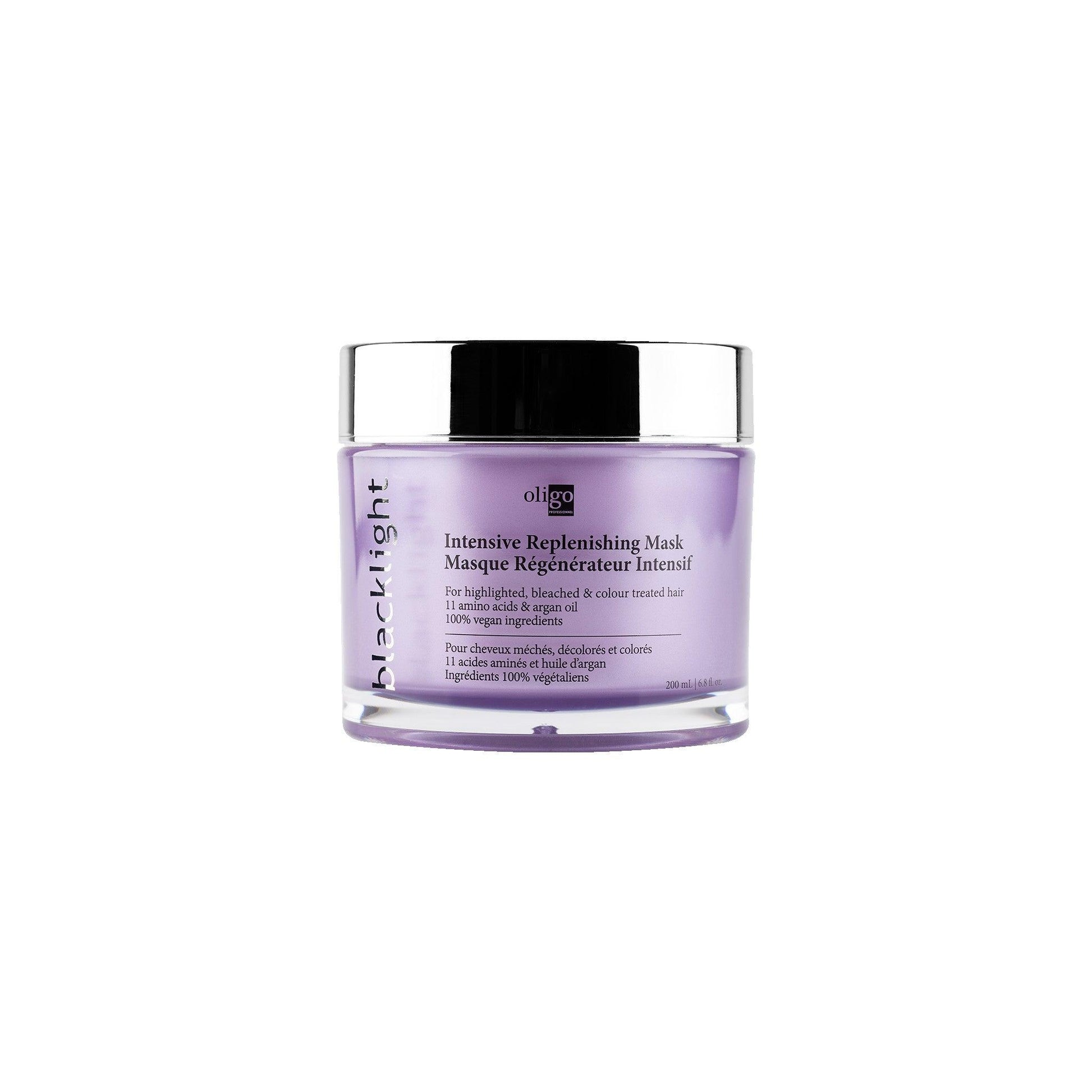 Blacklight Intensive Replenishing Mask in a jar, enriched with 11 amino acids and argan oil for moisturized, strong hair.