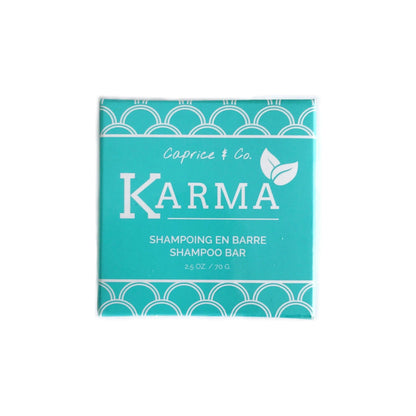 Karma shampoo bar packaging, handmade in Quebec, featuring organic ingredients and eco-friendly design.
