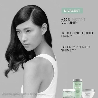 Model showcasing Kérastase Divalent products with benefits of volume, conditioning, and shine for healthy hair.