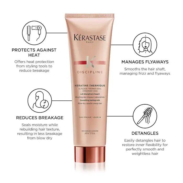 Kérastase Discipline Keratine Thermique heat protectant for smoother, less frizzy hair, reduces breakage, detangles, and manages flyaways.
