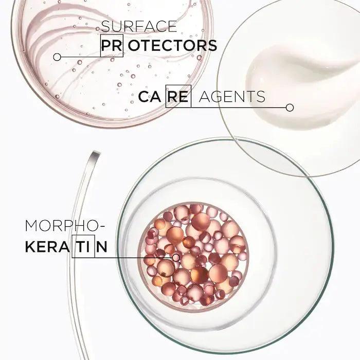 Hair care products with surface protectors, care agents, and morpho-keratin for enhanced hair health and shine shown in scientific diagram