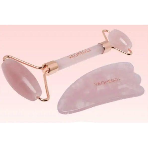 Gua Sha rose quartz roller and tool set for facial care and stress relief, promoting circulation and reducing wrinkles.