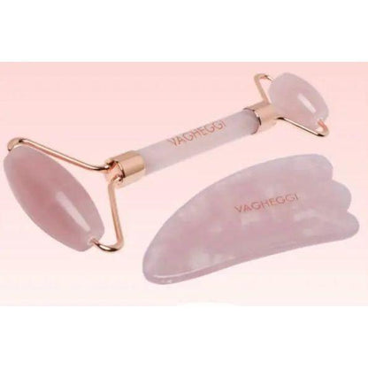 Gua Sha rose quartz roller and tool set for facial care and stress relief, promoting circulation and reducing wrinkles.