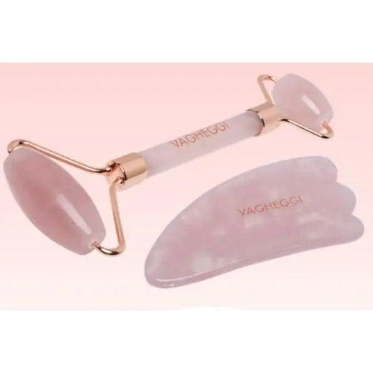 Gua Sha rose quartz roller and tool set for facial care and stress relief, promoting circulation and reducing wrinkles.