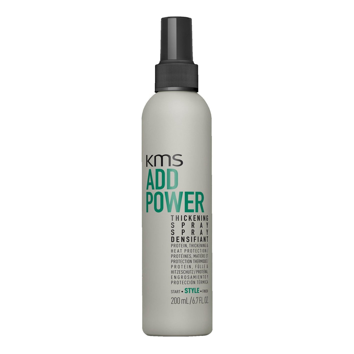 KMS Addpower Thickening Spray 200ml bottle for fine hair, providing volume and heat protection for effortless styling.