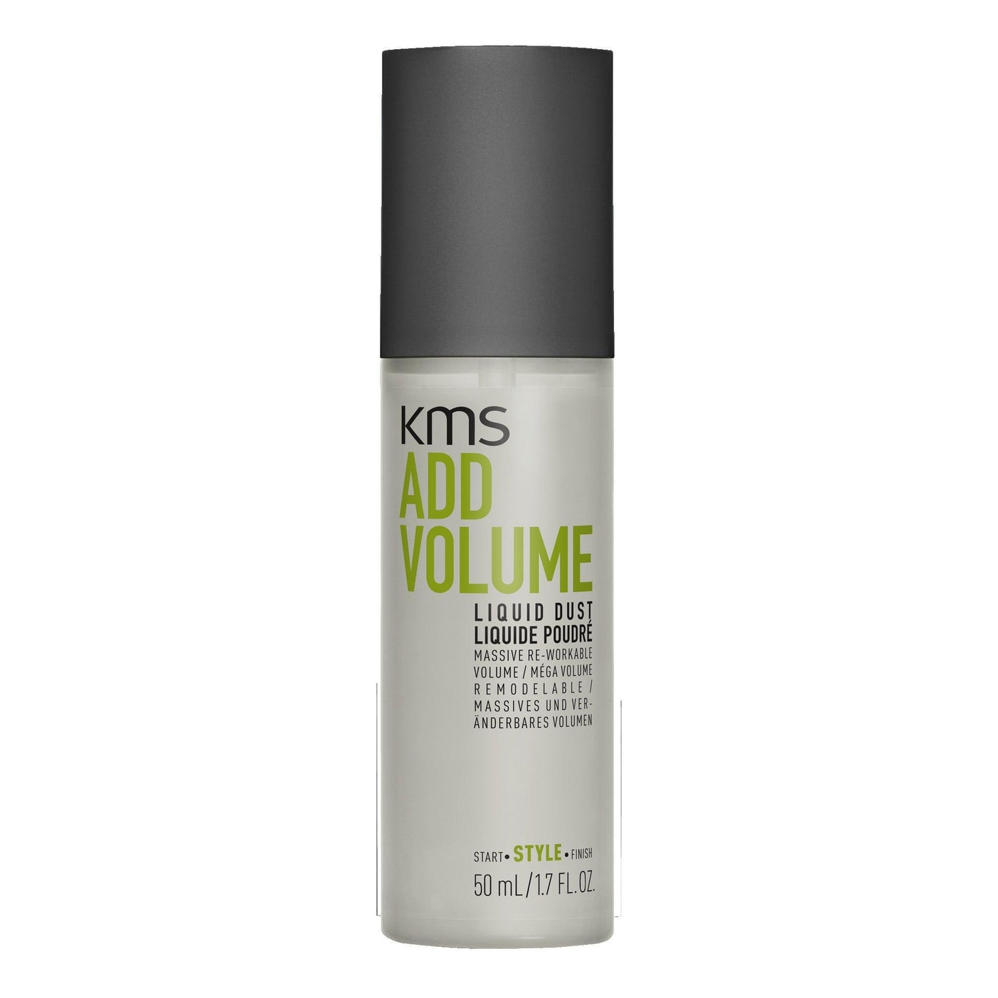KMS Addvolume Liquid Dust 50ml bottle for massive hair volume and stability with eucalyptus and cinnamon scent.