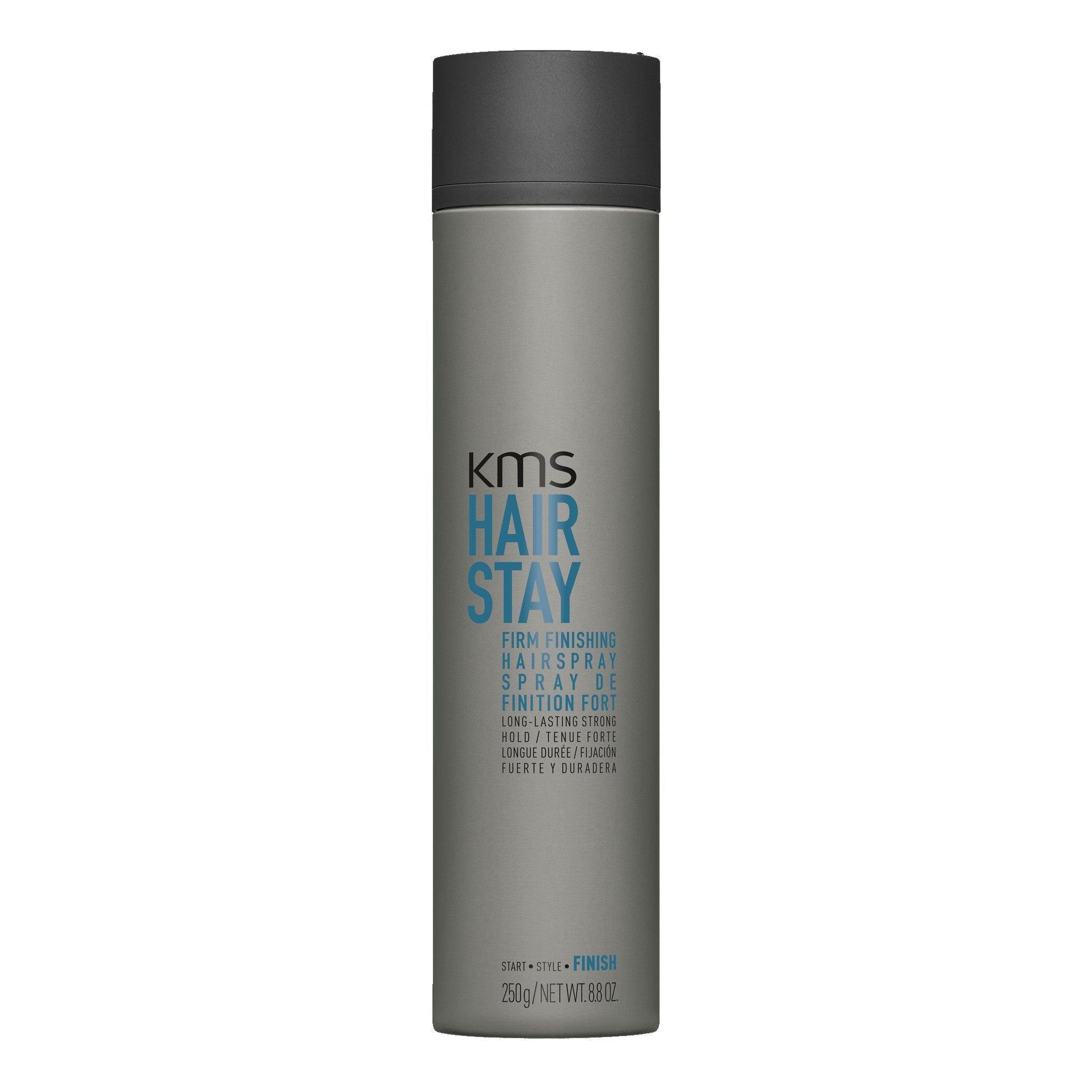 KMS Hair Stay Firm Finishing Hairspray 300ml, quick-drying, strong hold, no residue, non-sticky, easy styling solution.