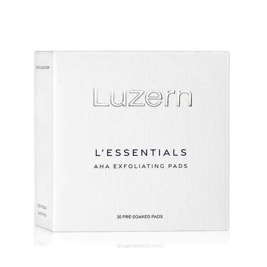 Luzern L'Essentials AHA Exfoliating Pads box, 30 pre-soaked pads for smoother, radiant skin.