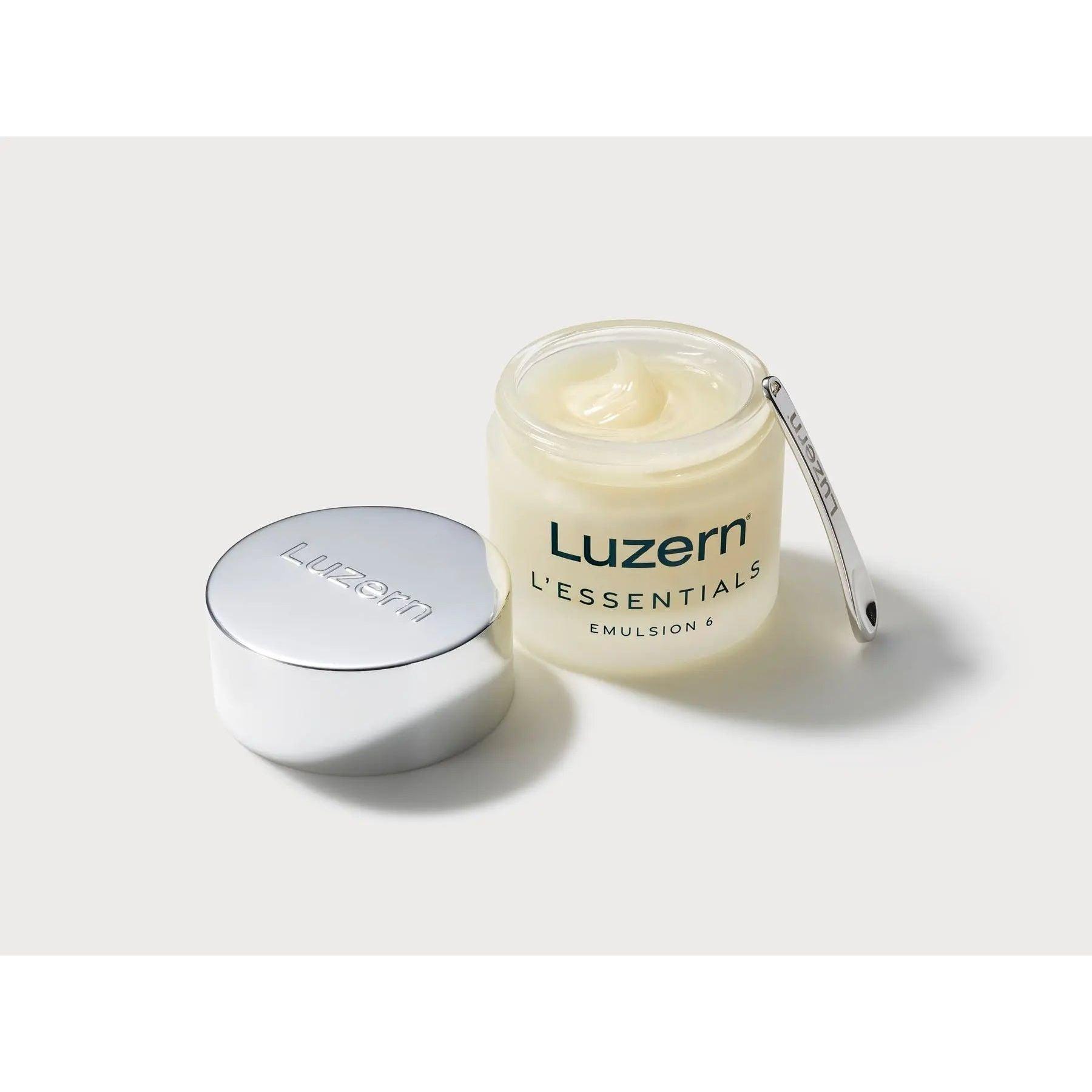 Luzern L'Essentials Emulsion 6 in jar with silver lid, showcasing a multi-use skin pampering formula.