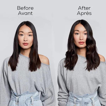 Before and after transformation using L’Oréal Professionnel Steampod 3.0 showing smoother, styled hair results.