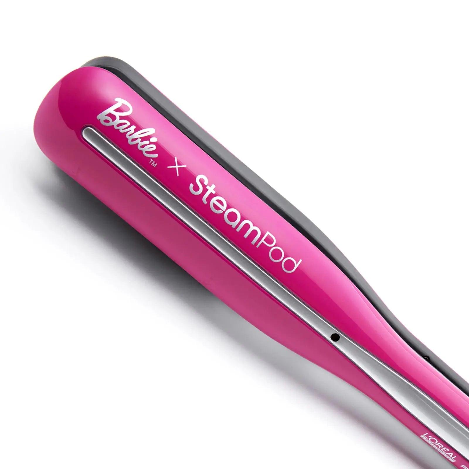 L’Oréal Professionnel Steampod 3.0 in pink with Barbie branding, featuring advanced steam technology for smooth hair.