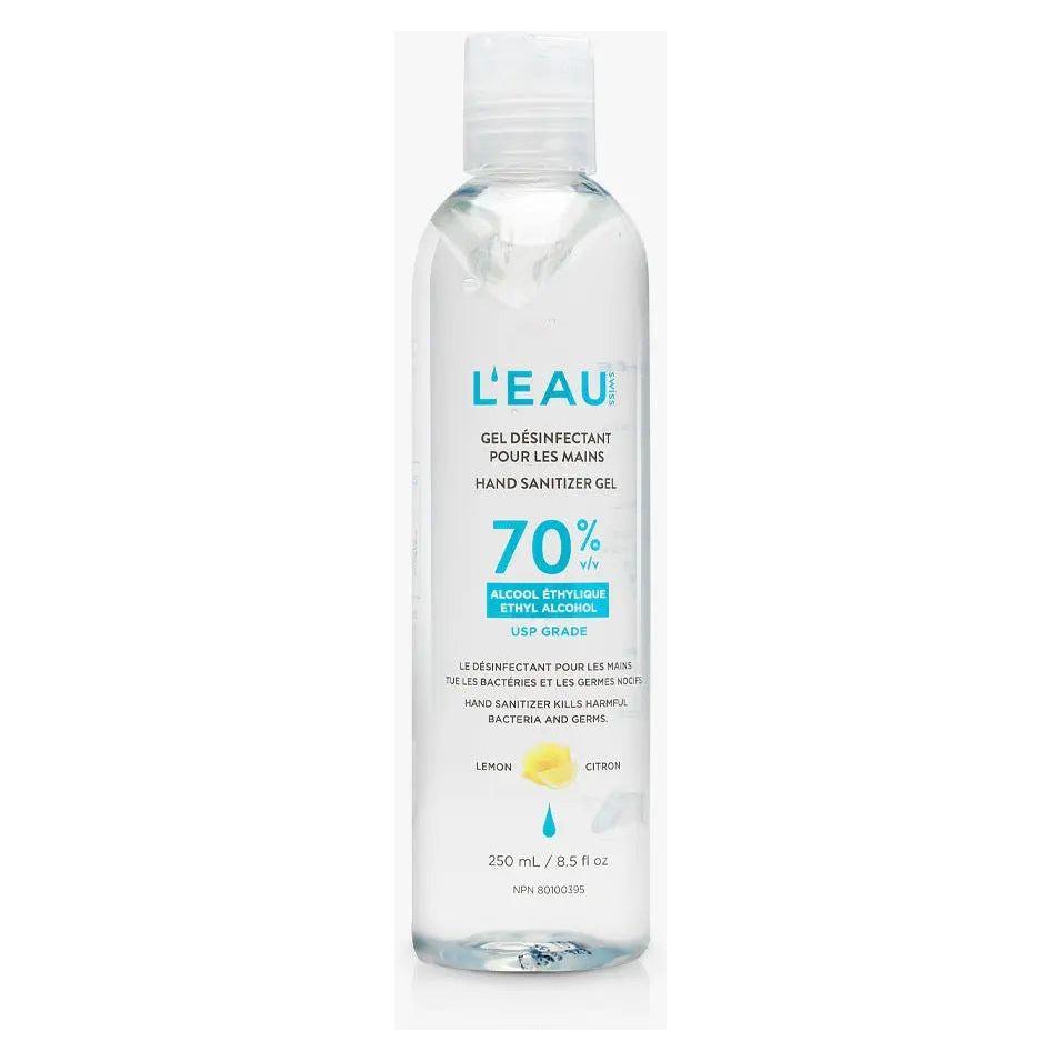 Lemon scented hand sanitizer gel in a clear bottle, 250ml, 70% alcohol for effective germ protection.