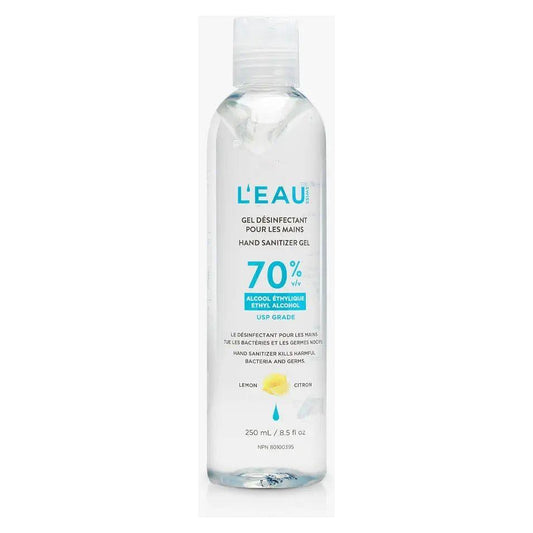 Lemon scented hand sanitizer gel in a clear bottle, 250ml, 70% alcohol for effective germ protection.