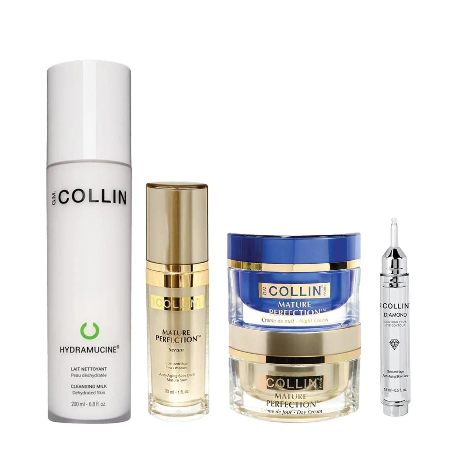 Lifting & Smoothing Bundle for Dry Skin featuring Hydramucine Cleansing Milk, Mature Perfection Serum, Day Cream, Night Cream, and Eye Cream.