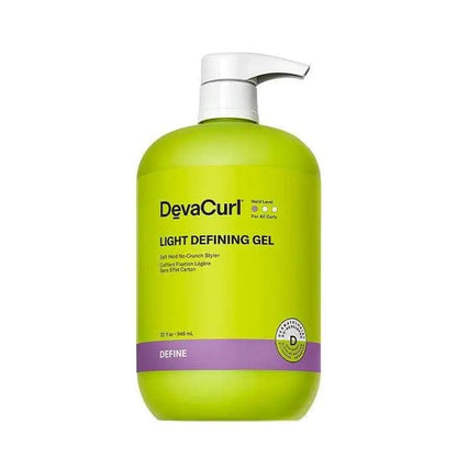 DevaCurl Light Defining Gel Soft Hold No-Crunch Styler in a green pump bottle, ideal for enhancing curls and fighting frizz.