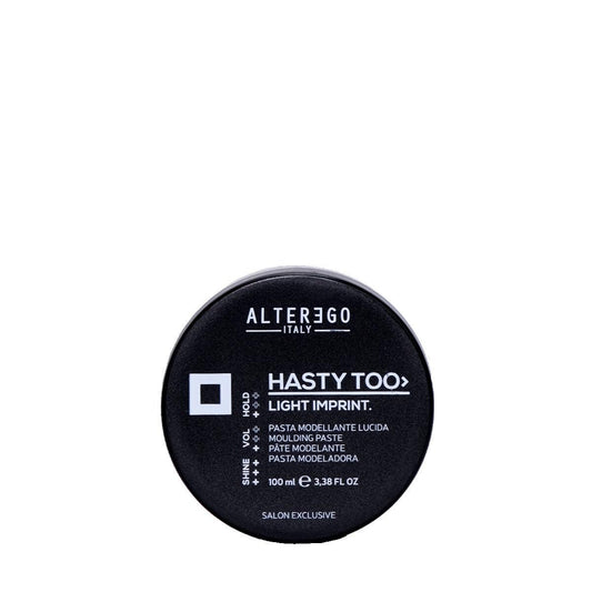 Hasty Too Light Imprint molding paste by Alterego Italy in a 100ml container for volume and curl definition.