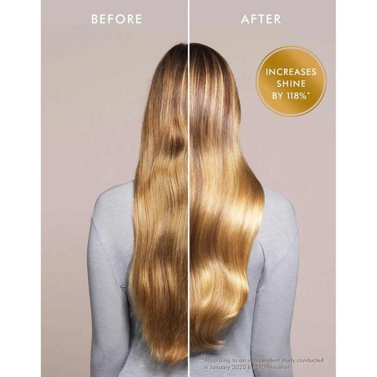 Before and after comparison of hair treatment showing increased shine by 118% on healthy, silky hair.